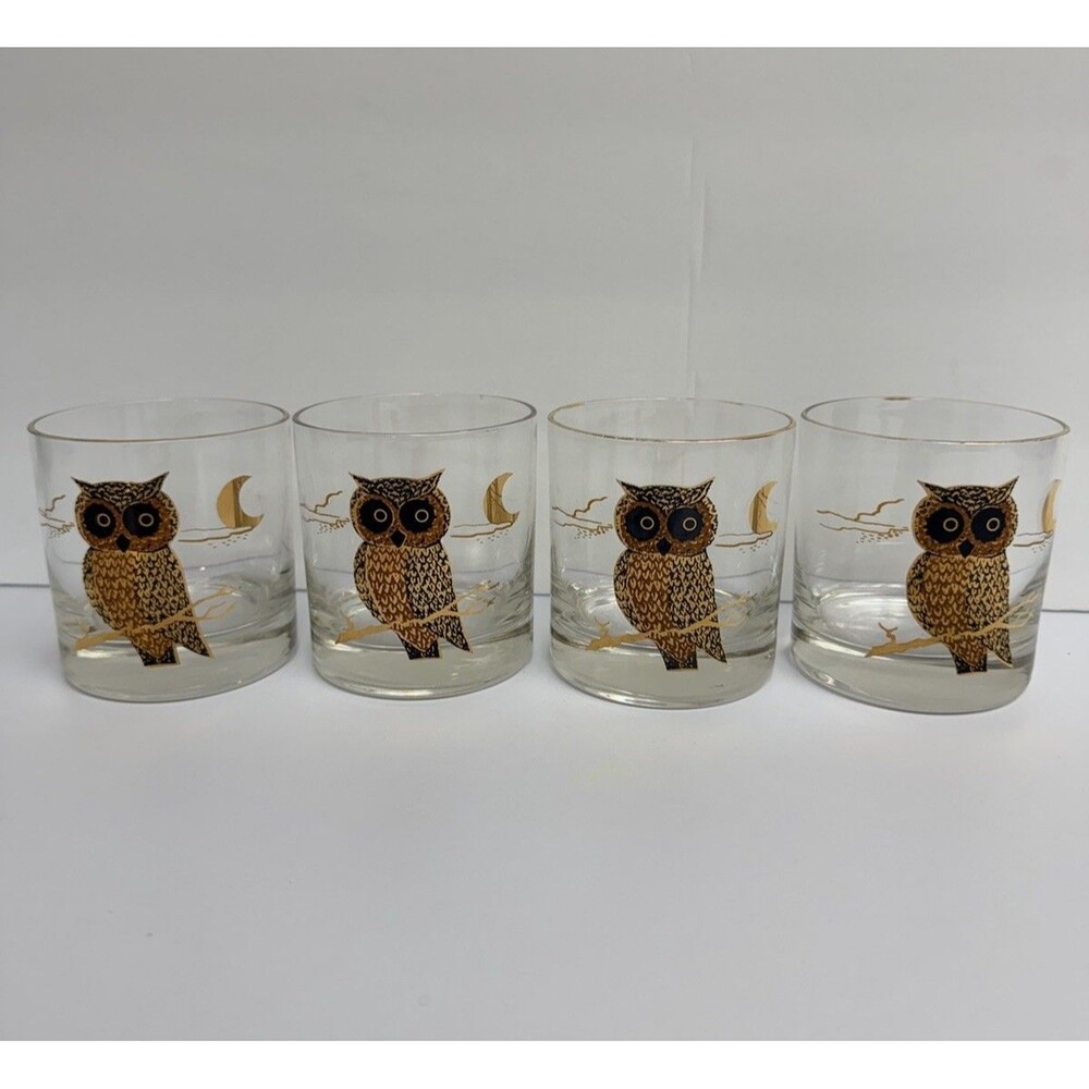 MCM 1960s OWL Gold & Moon COUROC Low Ball Glasses 3.5 Inches Tall Set of 4